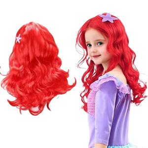 소녀 공주 인어 가발, 불가사리 머리핀, 긴 곱슬머리 할로윈 공주 코스튬 드레스업 액세서리, 애니메이션 코스프레 가발