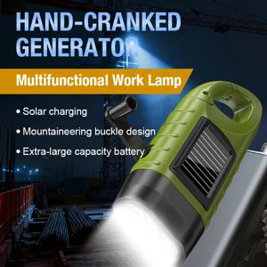 다기능 손전등, 버클 디자인, 야외 비상등, 태양광 및 수동 크랭크 충전 ABS 작업등