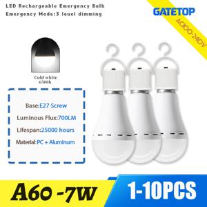 1-10PCS A60LED 충전식 전구 라이트 E27 7W 비상 전구 AC100-240V 가정용 전원 야외 캠핑 정전용 현관 정원 램프