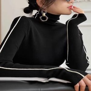 패션 하이넥 티셔츠 여성 가을 겨울 트렌디 컬러 블록 슬림 핏 탑 여성 기본 심플 긴팔 탑