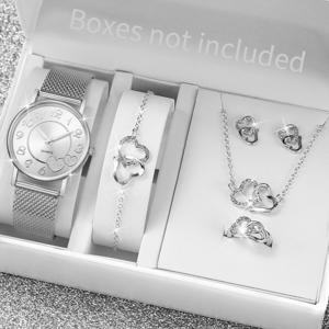 6개/대 패션 하트 다이얼 여성 시계 플라스틱 밴드 쿼츠 시계 라인스톤 하트 쥬얼리 세트(상자 제외)