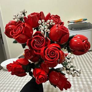 새로운 로맨틱 로즈 부케 빌딩 블록 10328 크리 에이 티브 홈 데스크 식물 장식 빌딩 블록 여성을위한 장난감 생일 선물