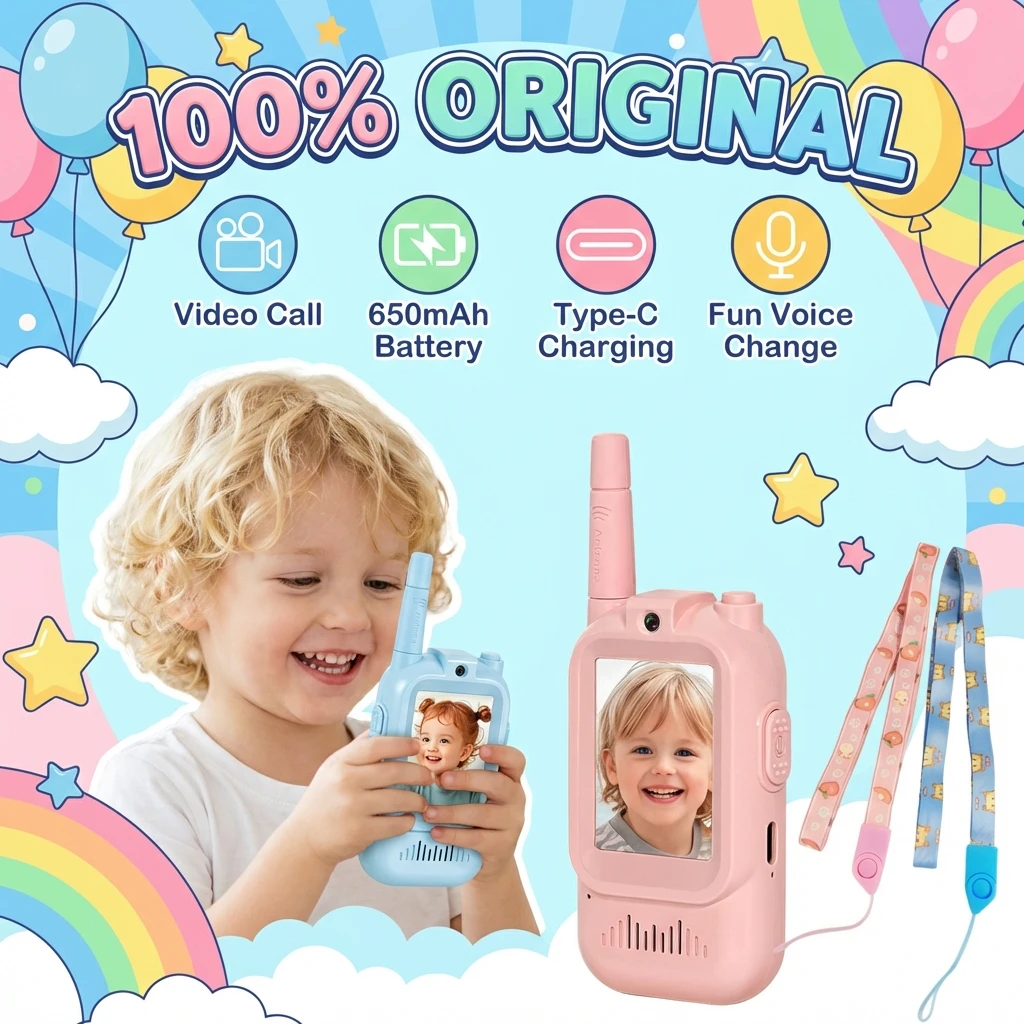 2개 세트 어린이 비디오 워키토키 장난감 2인치 HD 화면 USB-C 충전식 원클릭 HD 통화 인터콤 어린이 생일 선물