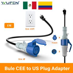 WUFEN EV 충전기 어댑터 1M 미국 플러그 - CEE 블루 파워 암 플러그 3핀 소켓 어댑터, 32A 단상 7KW 충전기 연결