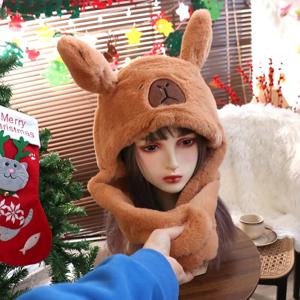 카툰 카피바라 점핑업 캡 동물 귀 움직이는 모자 따뜻하고 부드러운 플러시 모자 장난감 파티용