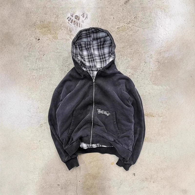 아메리칸 레트로 리버시블 체크 지퍼 후드티 남녀 공용 캐주얼 체크 스웨트셔츠 솔리드 컬러 안감 Y2K 스트리트 스타일