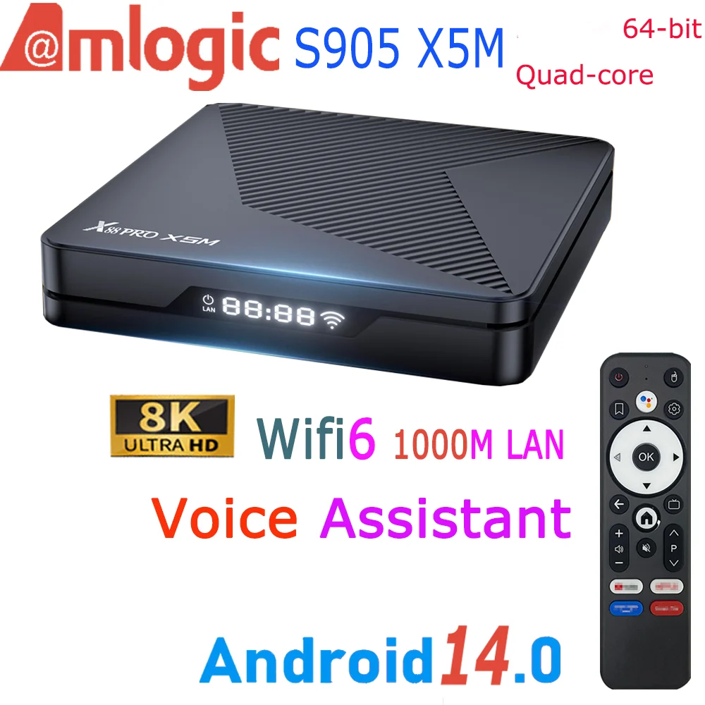 X88 PRO Amlogic S905 X5M 안드로이드 14.0 쿼드 코어 8K 비디오 디코딩 음성 비서 AI SR 1000M LAN Wifi6 BT5.0 스마트 TV 박스