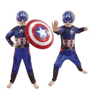 할로윈 슈퍼 히어로 캡틴 아메리카 코스프레 근육 의상 소년 소녀를위한 마스크 포함 캡틴 아메리카 블루 꽉 끼는 바디 슈트