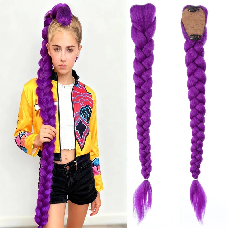 솔리드 퍼플 프리스트레치드 합성 헤어 크로셰 브레이드 (BB 클립 포함) 열에 강함, 할로윈 코스프레 및 일상용