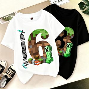 생일 번호 티셔츠 파티 용품 선물 마인크래프트 만화 어린이 옷 소년 상의 여름 반팔 라운드넥 티셔츠