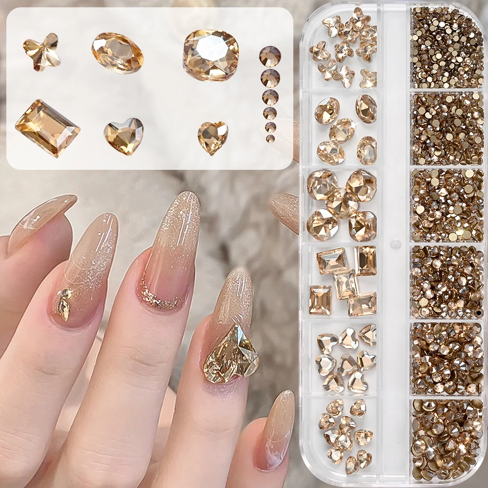 12 그리드 3D 샴페인 네일 아트 라인스톤 혼합 라운드, 팻 스퀘어, 하트, 나비 유리 다이아몬드 네일 참 DIY 매니큐어 장식 *