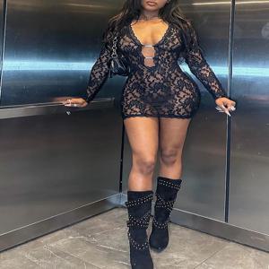 여성용 솔리드 컬러 레이스 섹시 로우 넥 속이 빈 긴 소매 드레스, 힙 랩, 여성용 슬림 피트 드레스