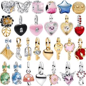 새로운 925 스털링 실버 참 장식품, 화려한 하트, 벌, 꽃, 열쇠, 자물쇠, 버섯 비즈 팔찌, 목걸이, 여성용 DIY 쥬얼리 선물