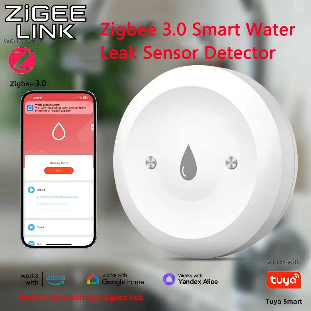 Tuya 스마트 지그비 워터 센서 홍수 누수 감지기 앱 원격 모니터링 게이트웨이 지원 필요 홈 어시스턴트 Zigbee2mqtt