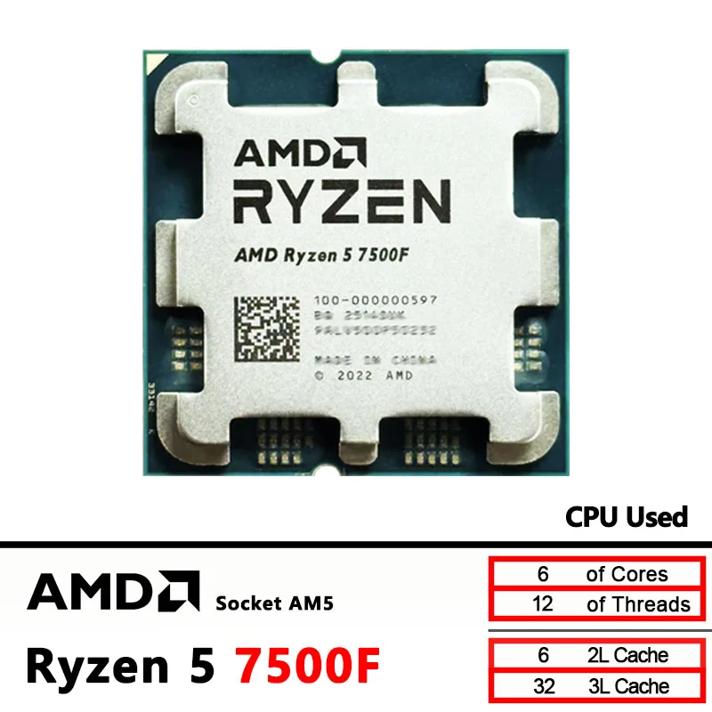 AMD 라이젠 5 7500F 중고 R5 7500F 3.7GHz CPU 프로세서 6코어 12스레드 5NM L3=32M 100-000000597 소켓 AM5