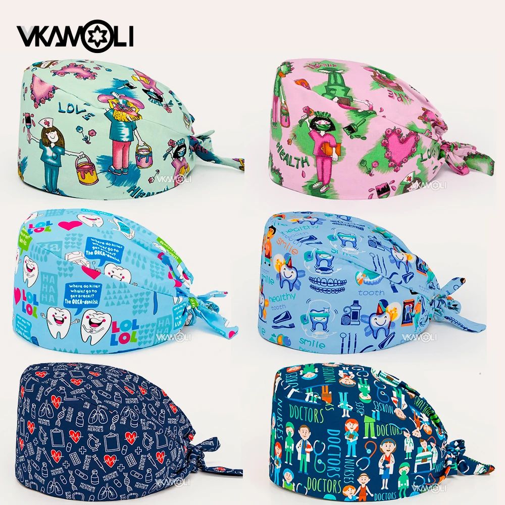 깨끗한 보호 외과 의사 모자 여성과 남성 인쇄 모자 의료 스크럽 모자 조정 가능한 간호 모자 스크럽 캡 긴 머리
