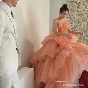 LISM Fairy Tulle 웨딩 드레스 Deep Sweetheart 민소매 Pleat a 라인 플로어 맞춤형 공식 신부 가운 한국 사진 촬영