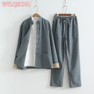 3PCS 중국어 번체 당나라 정장 남성 쿵푸 유니폼 레트로 캐주얼 코튼 린넨 플러스 사이즈 태극권 의류 남자에 대 한 설정