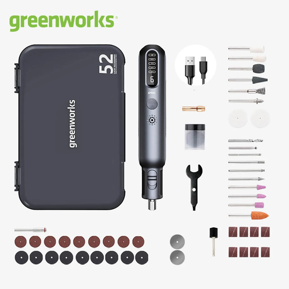Greenworks 8V 미니 그라인더 52pcs 80W 전기 그라인딩 조각 무선 가변 속도 리튬 배터리 전동 공구 USB 충전기