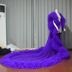 럭셔리 풀 롱 재킷 원피스, 프릴 케이프 얇은 명주 그물 코트, 웨딩 의류, 패션 무대 코트, 사용자 정의 파티 무도회 원피스