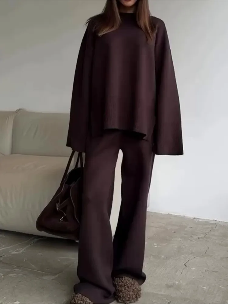 여성용 단색 니트 스웨터 투피스 세트, 루즈한 O넥 뜨게 풀오버 바지 세트, 심플한 스타일, 2025 패션