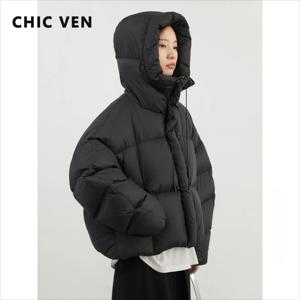 CHIC VEN 여성용 다운 코트, 루즈 캐주얼 후드 90 화이트 덕 다운 재킷, 가을 겨울 2025, 신상