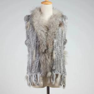 Chicsense 무료 배송 여성의 고품질 푹신한 진짜 토끼 모피 니트 조끼 너구리 모피 칼라 Gilet 양복 조끼 자켓