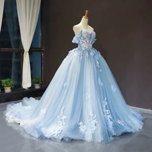 블루 Quinceanera 드레스 새로운 클래식 오프 어깨 공주 댄스 파티 드레스 레이스 Appliques 볼 가운 작은 기차 사용자 정의 크기