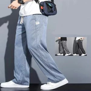 2025 뉴 여름 소프트 리오 셀 패브릭 남성 청바지 얇은 느슨한 스트레이트 바지 Drawstring 탄성 허리 한국 캐주얼 바지