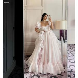 아만다 맞춤형 핑크 Strapless 스퀘어 칼라 댄스 파티 드레스 A 라인 Organza vestidos de noche 바닥 길이 정장 저녁 2025