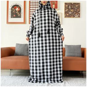 최신 라마단 여성 Abaya 두 모자 두바이 터키 이슬람기도 옷 샌딩 코튼 패브릭 드레스 이슬람 여성 드레스 Kaftan