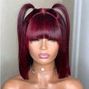 99J 스트레이트 밥 가발 (앞머리 포함) 풀 머신 메이드 인모 웨어 앤 고 프린지 블런트 컷 숏 밥 글루리스 가발 브라질리언 헤어