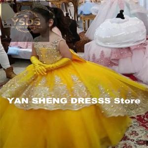 골드 걸즈 프린세스 드레스 2025 튤 티어드 플라워 걸 드레스 유아용 비즈 레이스 파티 드레스 맞춤형 생일 파티 가운