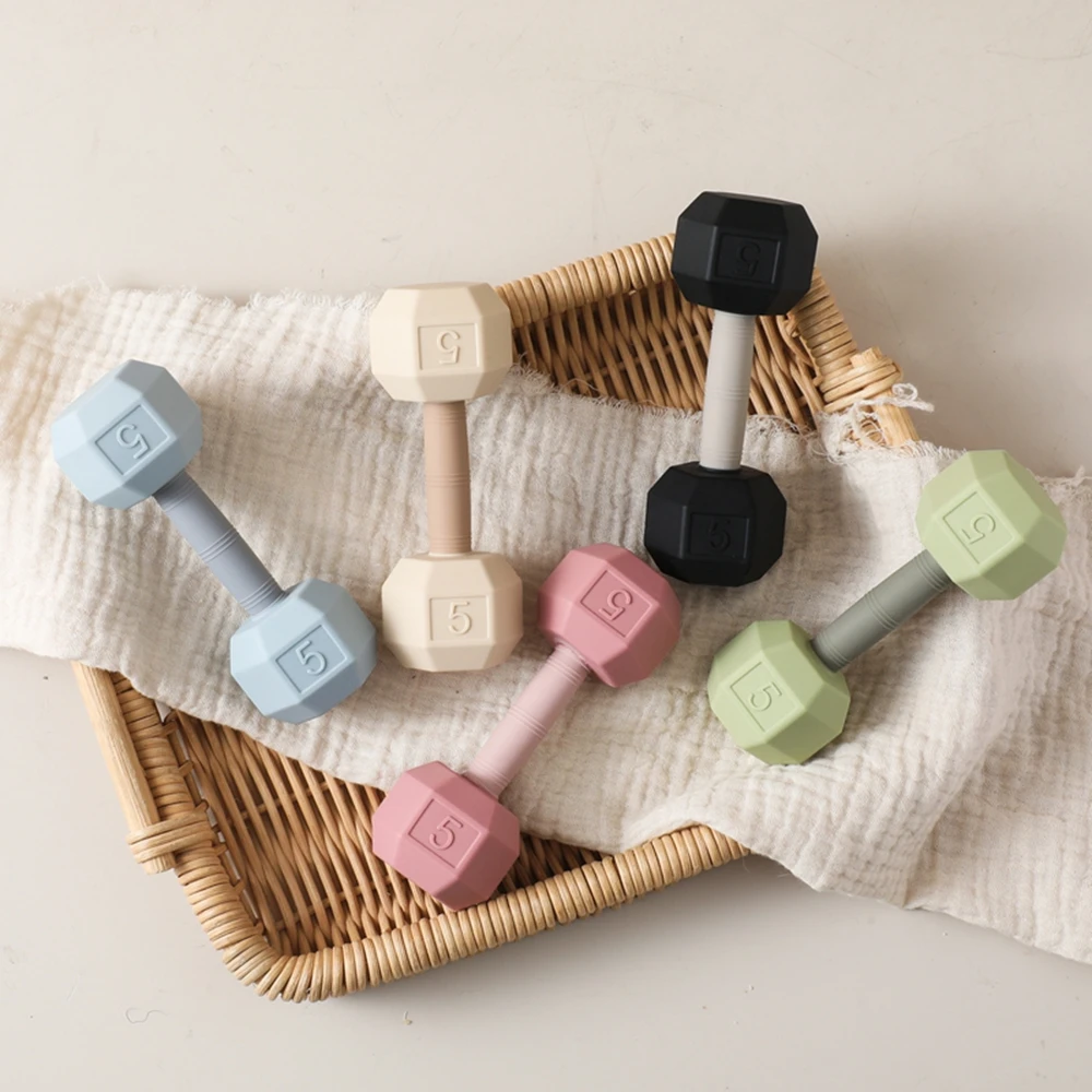 0-12개월 아기 딸랑이 장난감 실리콘 씹기용 덤벨 아기 BPA 프리 치발기 장난감 신생아 딸랑이 장난감 유아 치아발달 선물 딸랑이