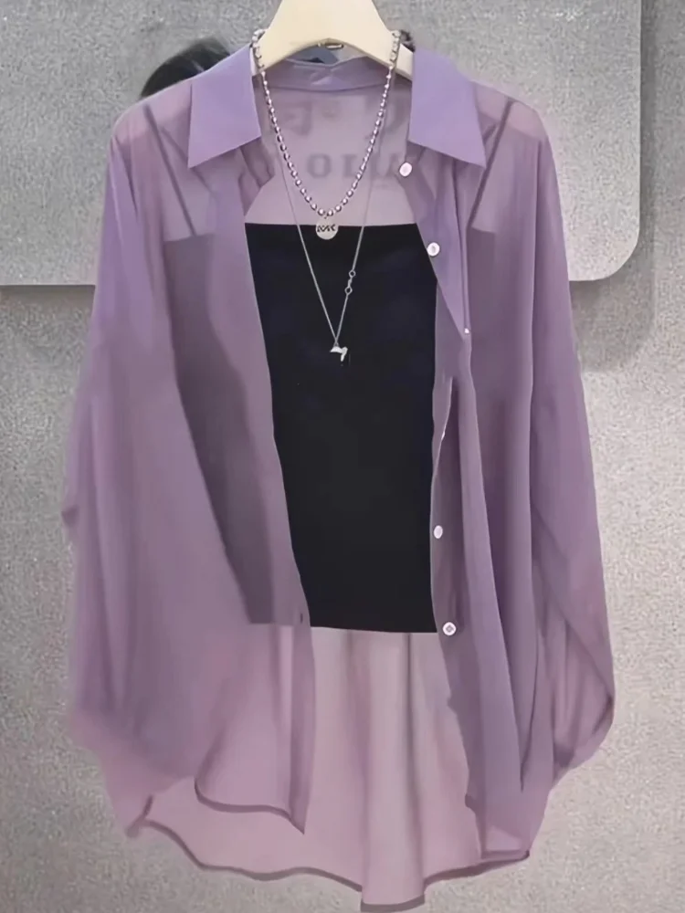 플러스 사이즈 여성 셔츠 2025 여름 통기성 및 자외선 차단 아이스 실크 버튼 얇은 루즈 쉬어 시폰 블라우스 긴 소매