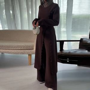 두 조각 세트 여성 긴 가운 탑 넓은 다리 바지 정장 라마단 모로코 두바이 이슬람 캐주얼 앙상블 Femme 이슬람 아랍어 의상