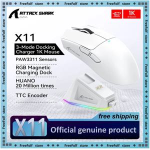 Attack Shark X11 무선 게이밍 마우스: 3모드(2.4GHz/유선/블루투스), PAW3311, 22000DPI, 400IPS, PC 게이밍 마우스