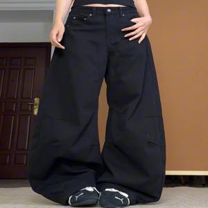 아메리칸 하이 스트리트 디컨스트럭티드 플리츠 데님 진 여성 플러스 사이즈 슬리밍 루즈 와이드 레그 팬츠 롱 트라우저