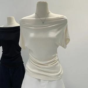 여름 순수한 욕망 원 숄더 블랙 반팔 여성 티셔츠 한국 스타일 슬리밍 탑 노출 어깨 유행