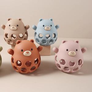3D 아기 치발기 - 서있는 형태의 속이 빈 곰 모양 실리콘 치발기, 아기용 씹을 수 있는 딸랑이, 잇몸 진정용, BPA 프리
