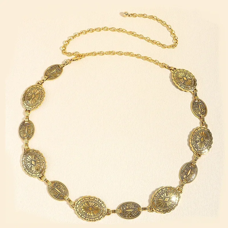 레트로 스타일 여성 금속 허리 체인 액세서리 장식 원형 새겨진 체인 벨트 하이 스타일 액세서리