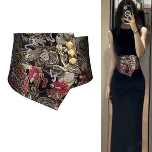 블랙 브로케이드 용 & 봉황 허리 조절 여성 우아한 자카드 오비 벨트 골드 버튼 포인트 빈티지 코르셋 벨트 드레스용