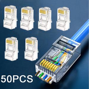 50 PC RJ45 커넥터 커넥터 네트워크 비차폐 RJ45 천공 크리스탈 헤드 네트워크 케이블