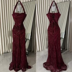 맞춤형 스팽글 스파클 정장 이브닝 홀터 레이스 업 롱 드레스 맞춤형 행사 매력적인 파티 드레스 모던 스타일