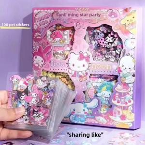 산리오 100개/세트 스티커 세트 귀여운 마이멜로디 쿠로미 방수 PET 저널 스티커 여자아이 어린이 선물 상자
