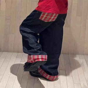 플러스 사이즈 미국식 플래드 커프스 데님 청바지 여성용 스트레이트 레그 와이드 레그 팬츠 하이웨이스트 슬리밍 블루 레드 그리드 캐주얼웨어