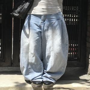 여성용 빈티지 루즈 와이드 레그 진 사이드 플리츠 패치워크 슬리밍 스트레이트 캐주얼 롱 팬츠 캐주얼 다용도 데님 스키니