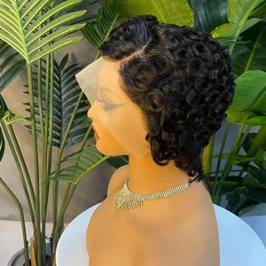 숏 웨이브 픽시 컷 가발 브라질산 버진 인모 웨이브 가발 글루리스 간편 착용 곱슬 가발 자연스러운 검정색 흑인 여성용