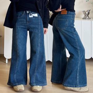 딥 블루 하이웨이스트 스트레이트 레그 스트레치 데님 진 여성용 가을 신상 플러스 사이즈 빅사이즈 부츠컷 롱 팬츠
