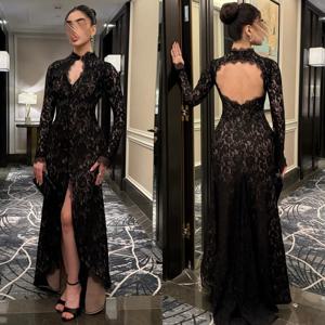 맞춤형 모던 스타일 클래식 레이스 주름 장식 플리츠 컬럼 하이 칼라 롱 드레스 맞춤형 행사 드레스 다양한 사이즈 제공 레트로